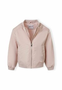 Blouson aviateur pour enfant de couleur rose clair avec col, poignets et ourlet côtelés, fermeture éclair à l'avant et poches latérales, étiqueté "minoti".