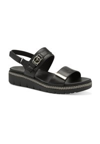 Zwarte leren sandalen met een platformzool, verstelbare enkelband, metallic gesp en textuurdetail rond de zool.