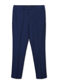 Pantaloni blu navy realizzati in tessuto testurizzato, con chiusura a bottone, due tasche frontali e un design sartoriale con pieghe.