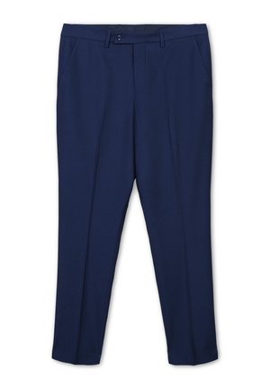 Marineblaue Hose aus strukturiertem Stoff, ausgestattet mit einem Knopfverschluss, zwei Vorderentaschen und einem taillierten Design mit Falten.