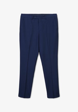 Marineblaue Hose aus strukturiertem Stoff, ausgestattet mit einem Knopfverschluss, zwei Vorderentaschen und einem taillierten Design mit Falten.