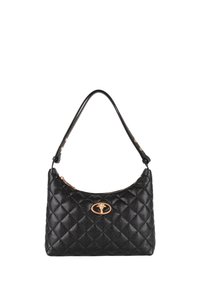 Czarna pikowana torebka ze skóry o zaokrąglonym kształcie, z odpinanym paskiem i złotym okrągłym ozdobnym elementem na przedzie.