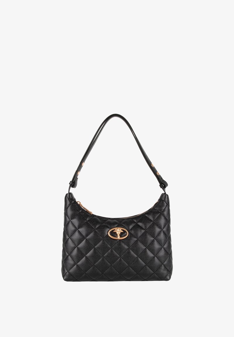 Czarna pikowana torebka ze skóry o zaokrąglonym kształcie, z odpinanym paskiem i złotym okrągłym ozdobnym elementem na przedzie.