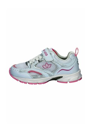 White and pink children's sneaker with mesh panels, Velcro strap, logo on side, and pink sole accents.