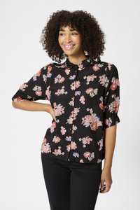 Chemise noire à boutons, avec des motifs floraux dans des tons de rose et de bleu, à manches courtes et col classique. Tissu doux avec un éclat subtil.