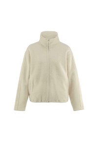 Fleece-Jacke in Off-White mit hohem Kragen, durchgehendem Reißverschluss, überschnittenen Schultern und Seitentaschen. Weicher strukturierter Stoff.
