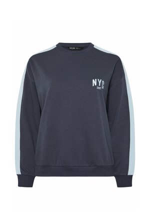 Marineblaues Langarm-Sweatshirt mit hellblauen Streifen an den Ärmeln und dem Text "NYC 1987" auf der linken Brust.