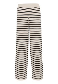 Pantalons larges rayés en beige et noir, dotés d'une taille douce et extensible, avec des rayures horizontales uniformément réparties sur le tissu.