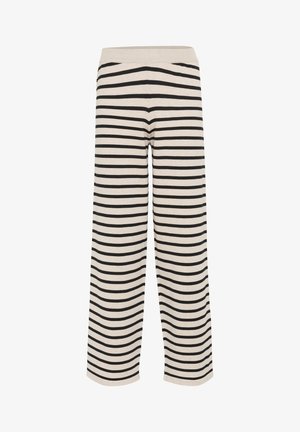 Bež ja mustrilised lai jalgpüksid, millel on pehme ja veniv vöökoht ning ühtlaselt jaotatud horisontaalsed triibud kanga üle.