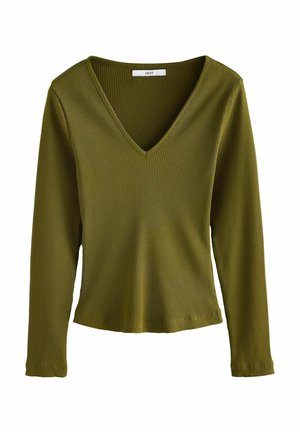 Oliivroheline, pika varrukaga ülaosa, millel on V-kaeluse disain ja sooneline tekstuur. Kangal on peen muster ja sirge alläär.