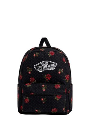 Mochila negra Vans con patrón de rosa roja, logo blanco "Off The Wall", bolsillo frontal y asa superior.