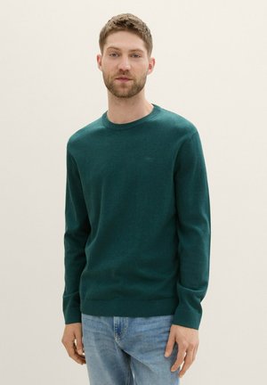 Grön stickad tröja med långa ärmar, rund hals och regular fit. Bärs med ljusblåjeans, visad mot en neutral bakgrund.