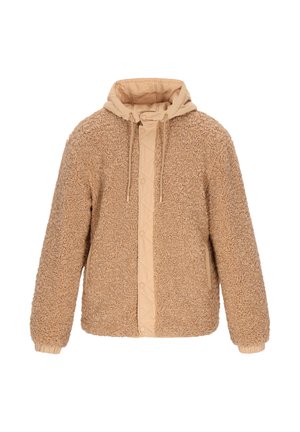 Beige sherpa fleece jacket met gekwilt knoopsluiting, verstelbare capuchon met trekkoorden en elastische manchetten.
