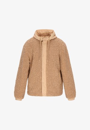Beige sherpa fleece jacket met gekwilt knoopsluiting, verstelbare capuchon met trekkoorden en elastische manchetten.