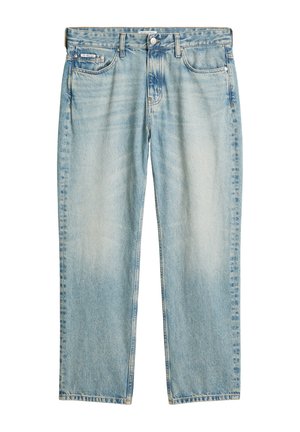 Lyseblå denimjeans med rette bein, fem-lommers design og en falmet finish. Har knapp- og glidelåslukking.