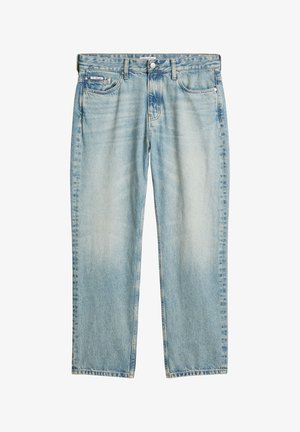 Lyseblå denimjeans med rette bein, fem-lommers design og en falmet finish. Har knapp- og glidelåslukking.