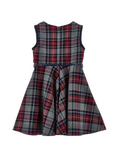 Robe sans manches longueur genou avec motif à carreaux rouge, bleu marine et gris, taille ajustée et ceinture bleu marine, vue de dos avec fermeture éclair.