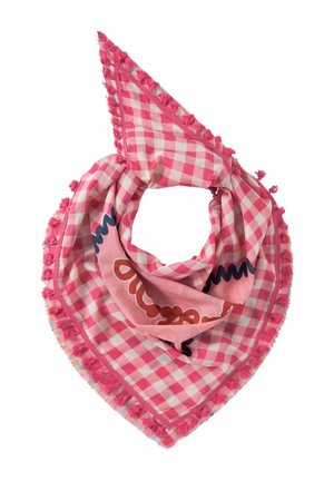 Roze en wit geruit driehoekig sjaaltje met een franjesrand en abstracte vormen in rood en marineblauw langs één rand.