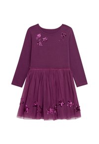 Lila Kleid mit einem taillierten Langarm-Oberteil und einem Tüllrock, verziert mit Pailletten-Sternmustern am Saum und am Kragen.