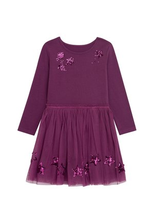 Lila Kleid mit einem taillierten Langarm-Oberteil und einem Tüllrock, verziert mit Pailletten-Sternmustern am Saum und am Kragen.