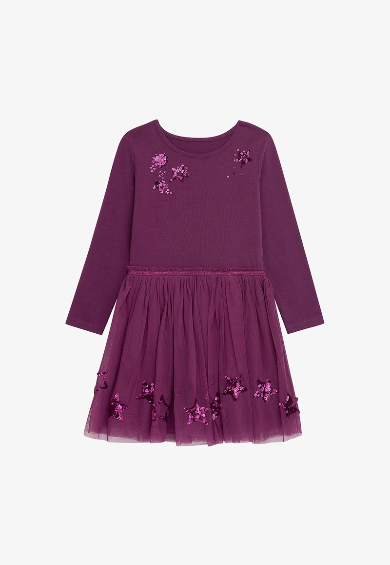 Lila Kleid mit einem taillierten Langarm-Oberteil und einem Tüllrock, verziert mit Pailletten-Sternmustern am Saum und am Kragen.