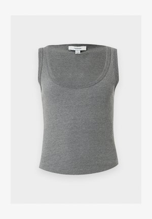 Hall triibuline varrukateta topp ümar kaelusega, mille sees kaelal tagapool on väike valge Topshopi silt.