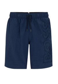 Navy svømmedrakt laget av lett materiale, med elastisk liv med snøring og brodert "BOSS"-logo på siden.