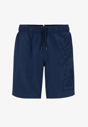 Shorts de bain navy en tissu léger, dotés d'une taille élastique avec cordon de serrage et d'un logo "BOSS" brodé sur le côté.