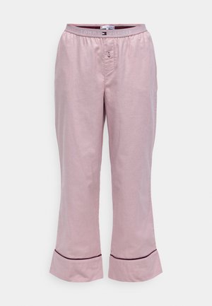 Lys rosa bukser med løs passform, elastisk livlinje, knaplukning og opfoldede manchetter med en mørk kantdetalj.