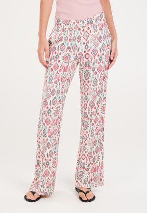 Leichte, gemusterte Hosen mit einem floralen und geometrischen Design in Rosa-, Blau- und Grautönen, ausgestattet mit einem elastischen Bund und weitem Bein.