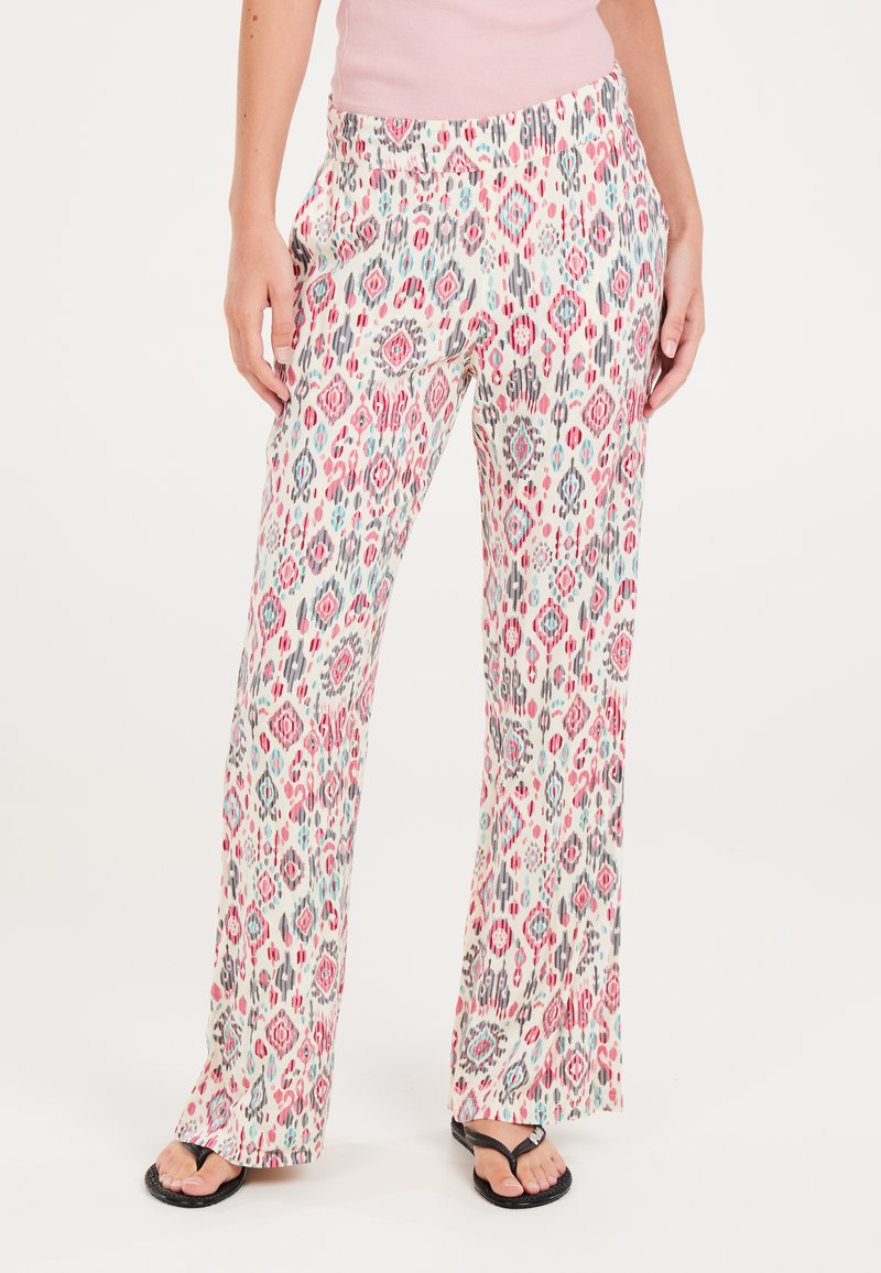Lichtgewicht, patroonbroek met een bloemen- en geometrisch ontwerp in roze, blauw en grijze tinten, met een elastische tailleband en brede benen.