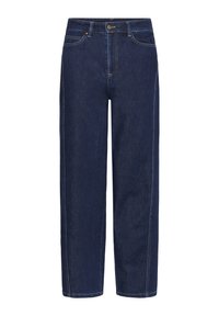 Tumed sinine teksapüksid sirge s äärega, nähtavad õmblused ja klassikaline nööp sulgur vööl.