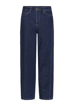 Jean en denim bleu foncé avec un design à jambe droite, des accents de coutures visibles et une fermeture à bouton classique à la taille.