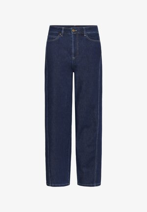 Jean en denim bleu foncé avec un design à jambe droite, des accents de coutures visibles et une fermeture à bouton classique à la taille.