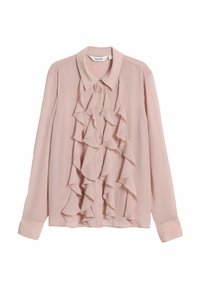 Helles rosa Bluse mit langen Ärmeln, gerafftem Vorderteil und Knopfverschluss. Hergestellt aus weichem Stoff mit glatter Textur. Mit Kragen.