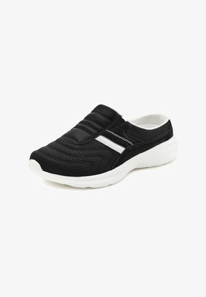Black slip-on shoe with a textured mesh upper. Features quilted sections, white accents, and a cushioned sole. Lightweight design.