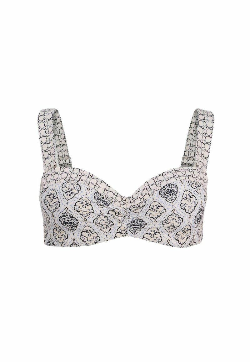 Reggiseno con ferretto e spalline larghe a fantasia, con uno sfondo cremoso e una stampa decorativa a fiori neri e motivi geometrici. Tessuto morbido.
