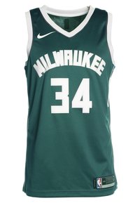 Maglia da basket verde con scritte bianche. "MILWAUKEE" sul davanti, numero "34" sotto. Logo Nike in alto a sinistra, patch del logo NBA in basso a destra.