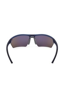 Occhiali da sole polarizzati con montatura blu scuro, lenti tintate di viola, design leggero e bracci curvi per una vestibilità sicura.