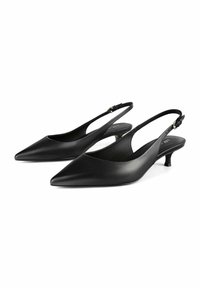 Black slingback heels with a pointed toe, made of smooth leather. Features a low kitten heel and a slender adjustable strap.