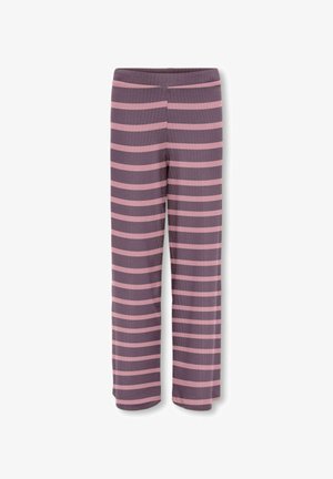 Lila und rosa gestreifte Hosen mit einem lockeren Schnitt, die über eine weiche Textur und einen elastischen Bund für zusätzlichen Komfort verfügen.