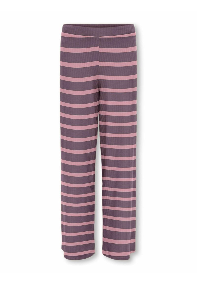 Fioletowe i różowe spodnie w paski o luźnym kroju, z miękką fakturą i elastycznym pasem dla wygody.