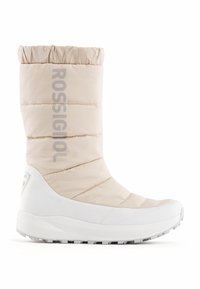 Dikke beige winterlaars met een geraffineerde bovenkant, met een witte zool en logo-opdruk. Gladde textuur met een licht glanzende afwerking.