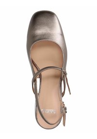 Metallisch taupe Mary Jane-schoen met een vierkante neus, dunne enkelband en een gladde afwerking. Heeft een gevoerde inlegzool en minimale hardware-accenten.