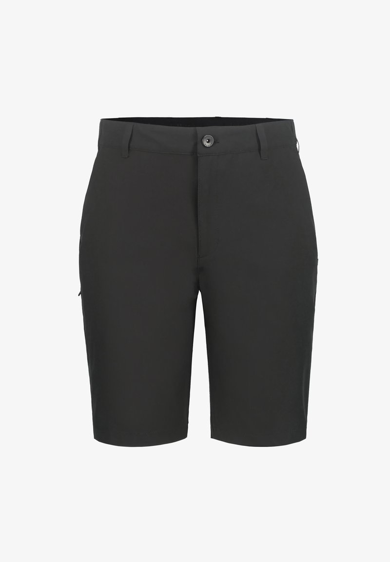 Pantalones cortos negros hasta la rodilla con cierre de botón y cremallera, trabillas para cinturón y bolsillos laterales.