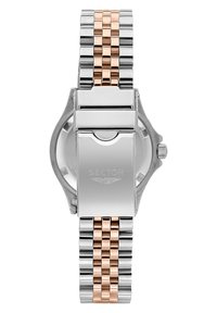 Orologio in acciaio inossidabile argentato e rosa con bracciale a maglia e chiusura pieghevole. Presenta una superficie lucida e un logo incisi.