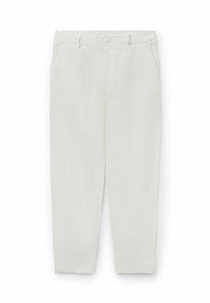 Bílé kalhoty s rovným střihem, předními kapsami, poutky na opasek a zapínáním na knoflík, zobrazené na bílém pozadí.