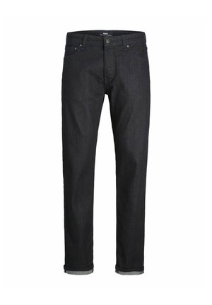 Dunkelblaue Denim-Jeans mit geradem Schnitt, ausgestattet mit einem Knopfverschluss, fünf Taschen und umgeschlagenen Säumen. Glatte Textur und minimale Nähte.