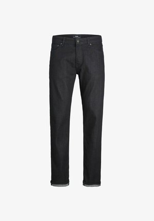 Dunkelblaue Denim-Jeans mit geradem Schnitt, ausgestattet mit einem Knopfverschluss, fünf Taschen und umgeschlagenen Säumen. Glatte Textur und minimale Nähte.