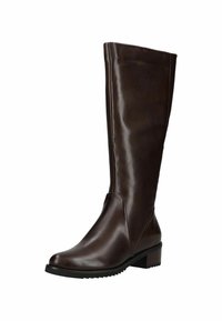 Botas de cuero marrón hasta la rodilla con un acabado elegante, puntera redonda y un pequeño tacón cuadrado. Presentan una textura suave y acentos de diseño mínimos.